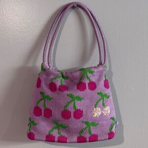 The Sak Lavender and Pink Crochet Shoulder Bag Purse with Cherrys